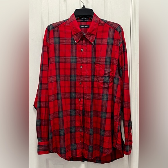 NAUTICA MENS LONG SLEEVE SHIRT, Red plaid, size large - Picture 1 of 7